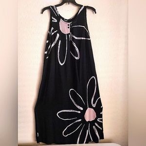 Animale long summer dress, side slits, black and blush large floral print, sz M